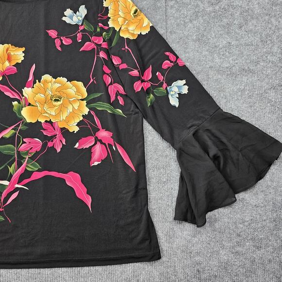 Susan Graver Shirt Womens XL Black Floral Bell Sleeve Liquid Knit Going Out - Picture 3 of 9
